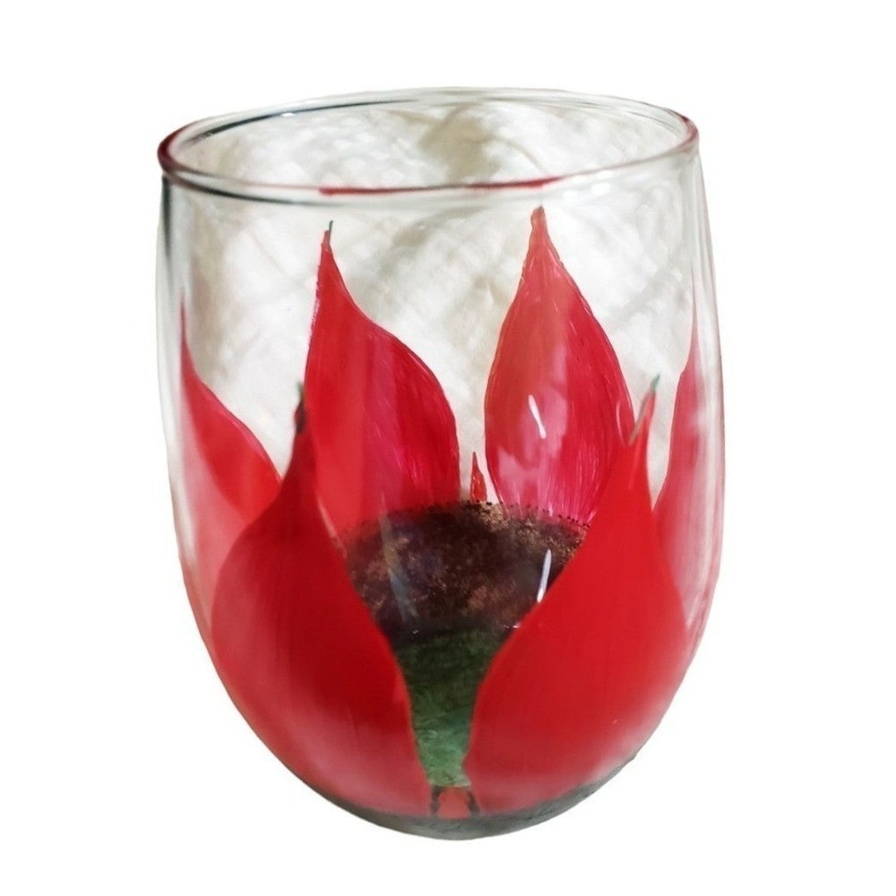 Red flower wine glasses stemless hand painted unique